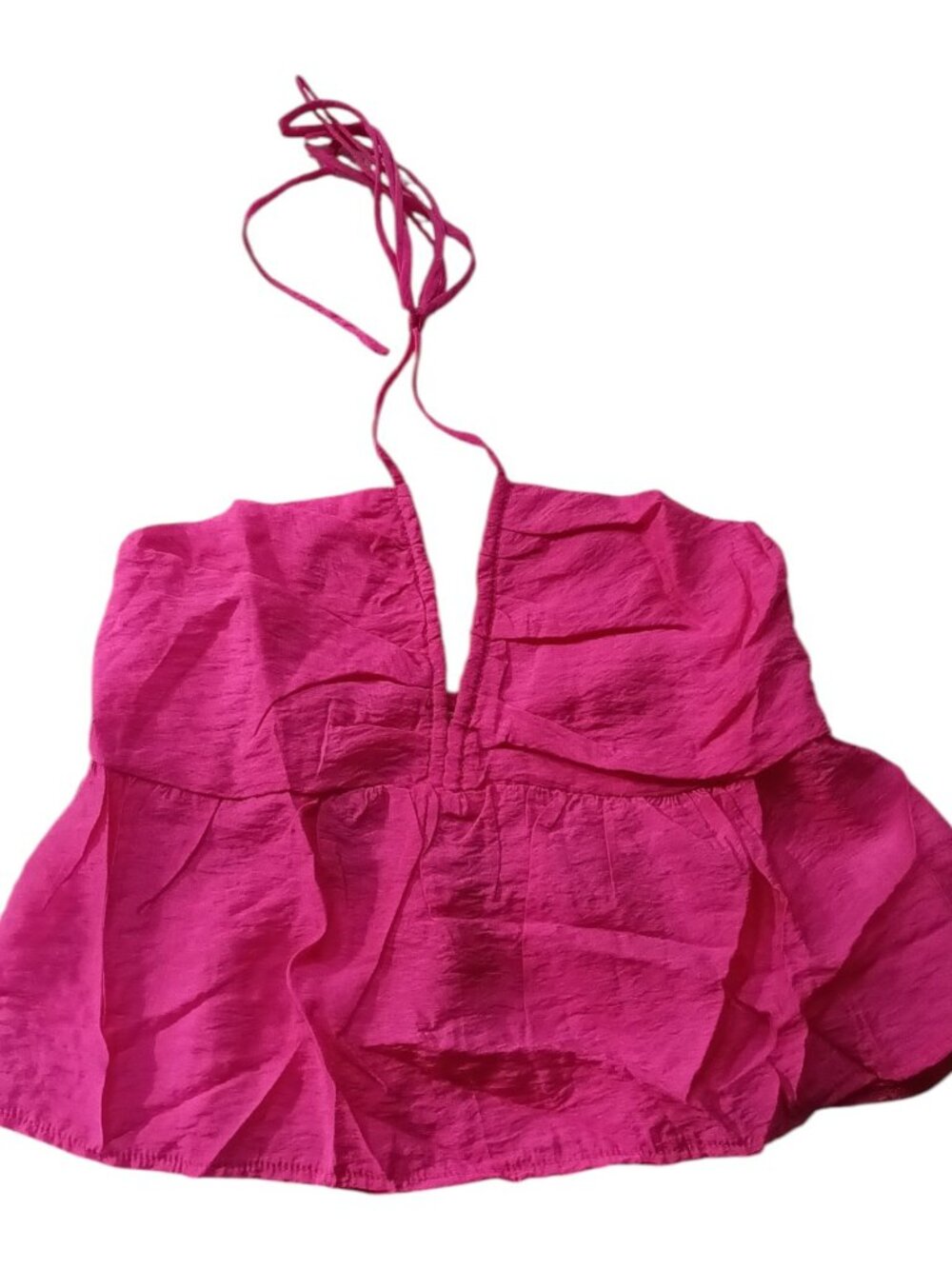 Women's Y2K Babydoll Peplum Halter Crop Top Size Small Solid Rose Red (Hot Pink)